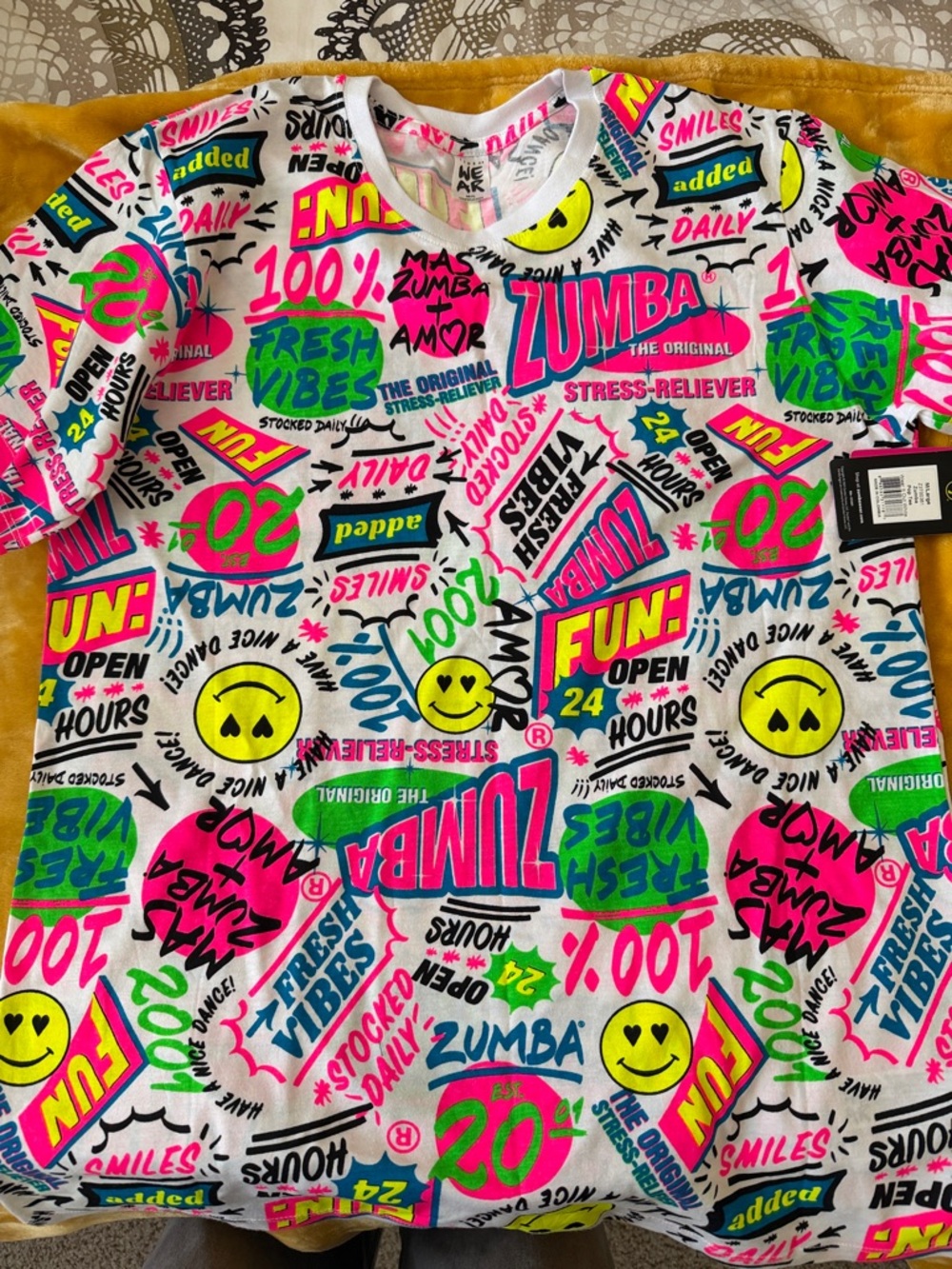 Zumba Fitness White Tee with Neon Pink, Green, Yellow & Blue Graphics M/L